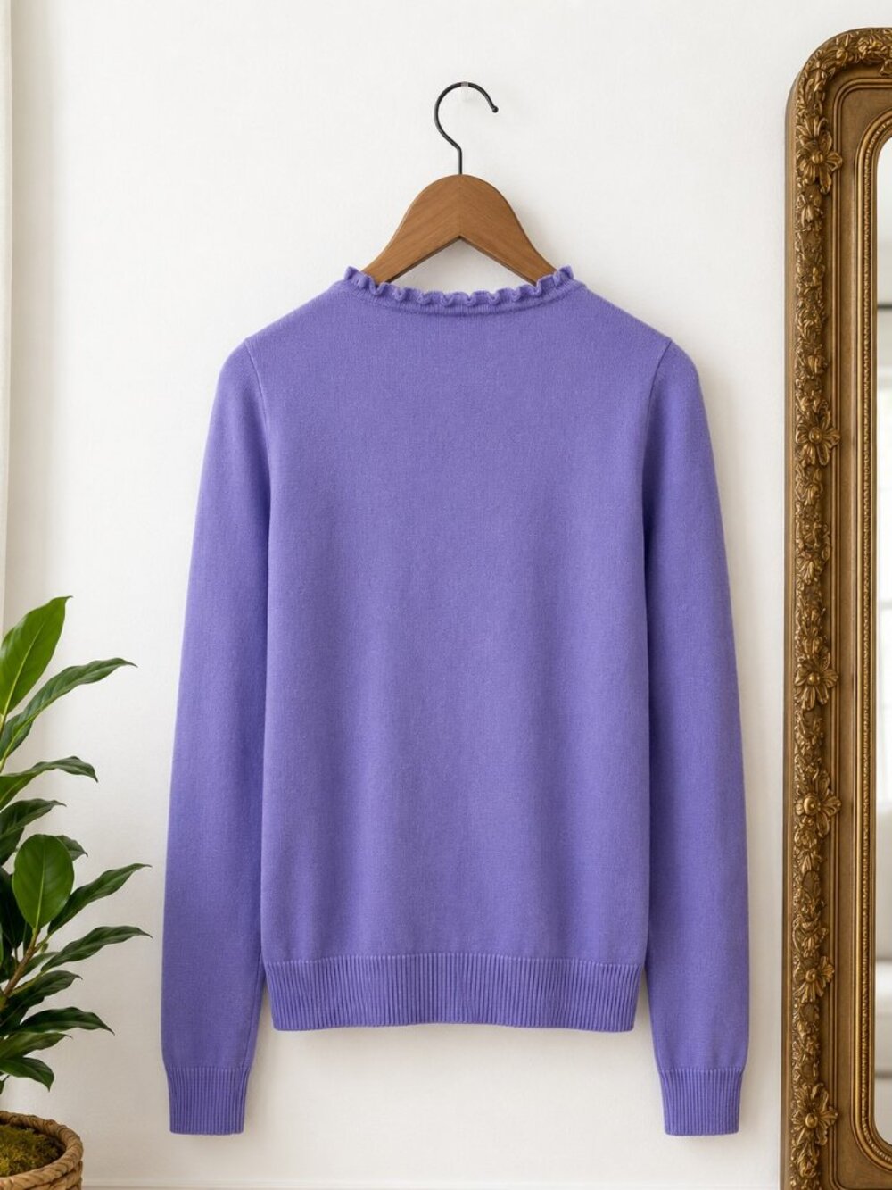 Talbots Argyle Cardigan Sweater Women's Size Small Purple Gray Ruffle Neck - Picture 3 of 9